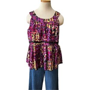 Anthropologie Ana Sui Printed Sleeveless Babydoll Silk Top, Purple, Large